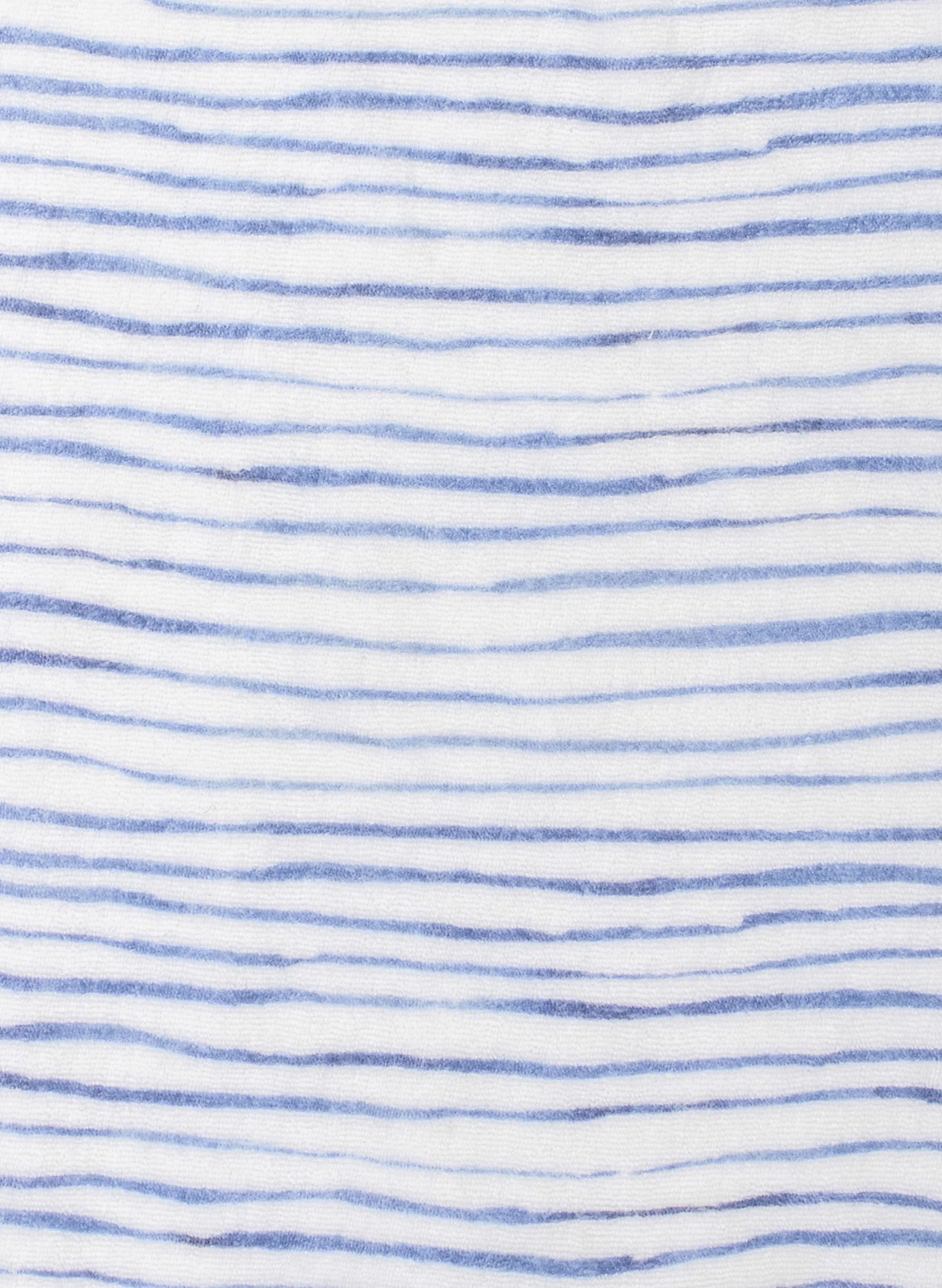 The Timo & Violet Baby Walker Terry Onesie is an eco-friendly, white organic cotton romper with unevenly spaced horizontal blue lines—ideal for your baby this summer.