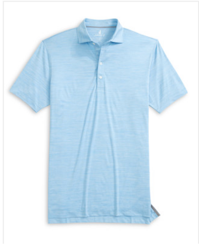 The Huronn Polo by Johnnie-O is a light blue short-sleeve performance polo laid flat, featuring a collar, three-button placket, subtle horizontal texture, and built-in UPF 50 sun protection for all-day comfort.