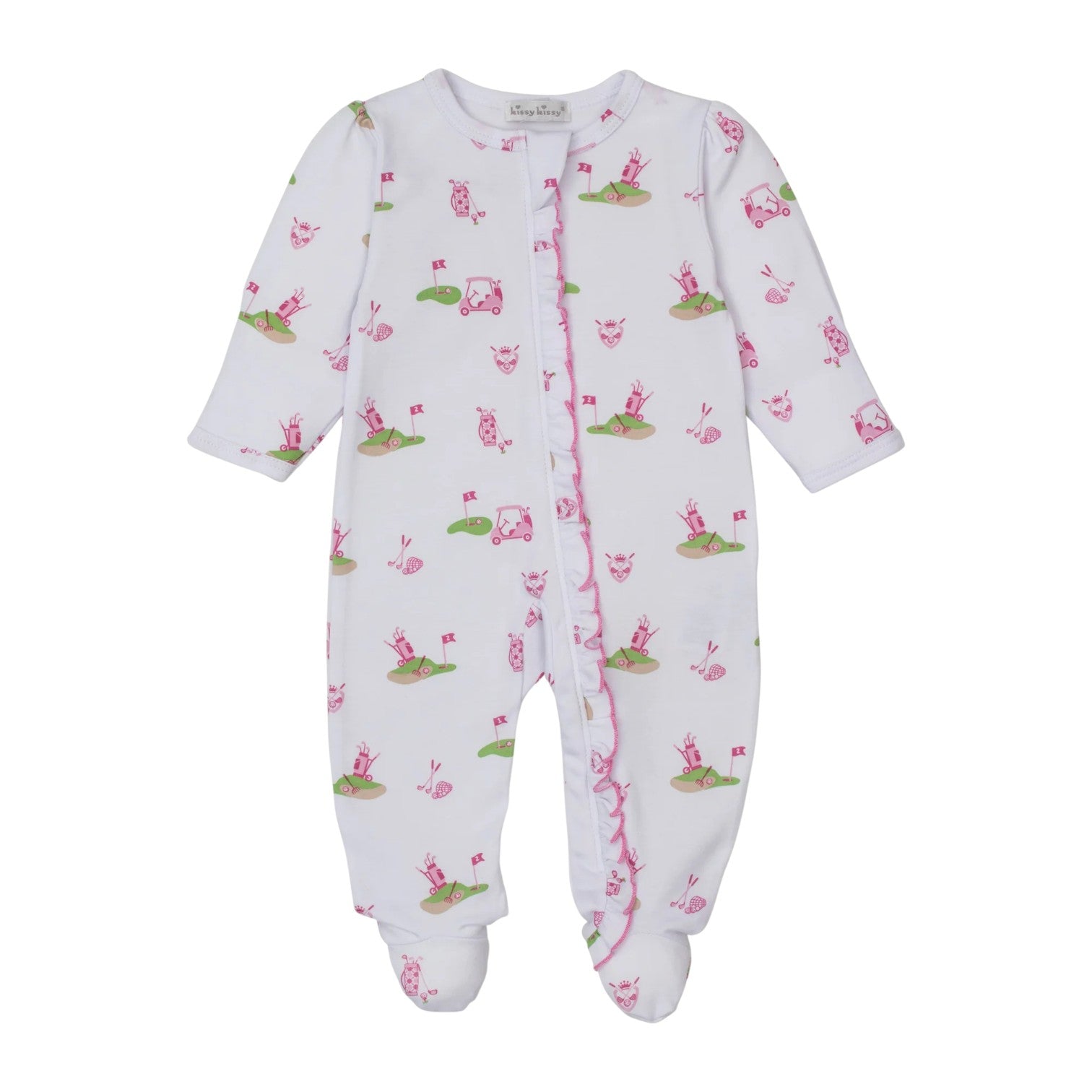 The Kissy Kissy Golf Championship Prt. Zip Footie is a soft Pima cotton baby onesie with long sleeves, featuring a playful pink and green golf print with carts, flags, and animals.