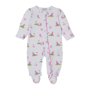 The Kissy Kissy Golf Championship Prt. Zip Footie is a soft Pima cotton baby onesie with long sleeves, featuring a playful pink and green golf print with carts, flags, and animals.