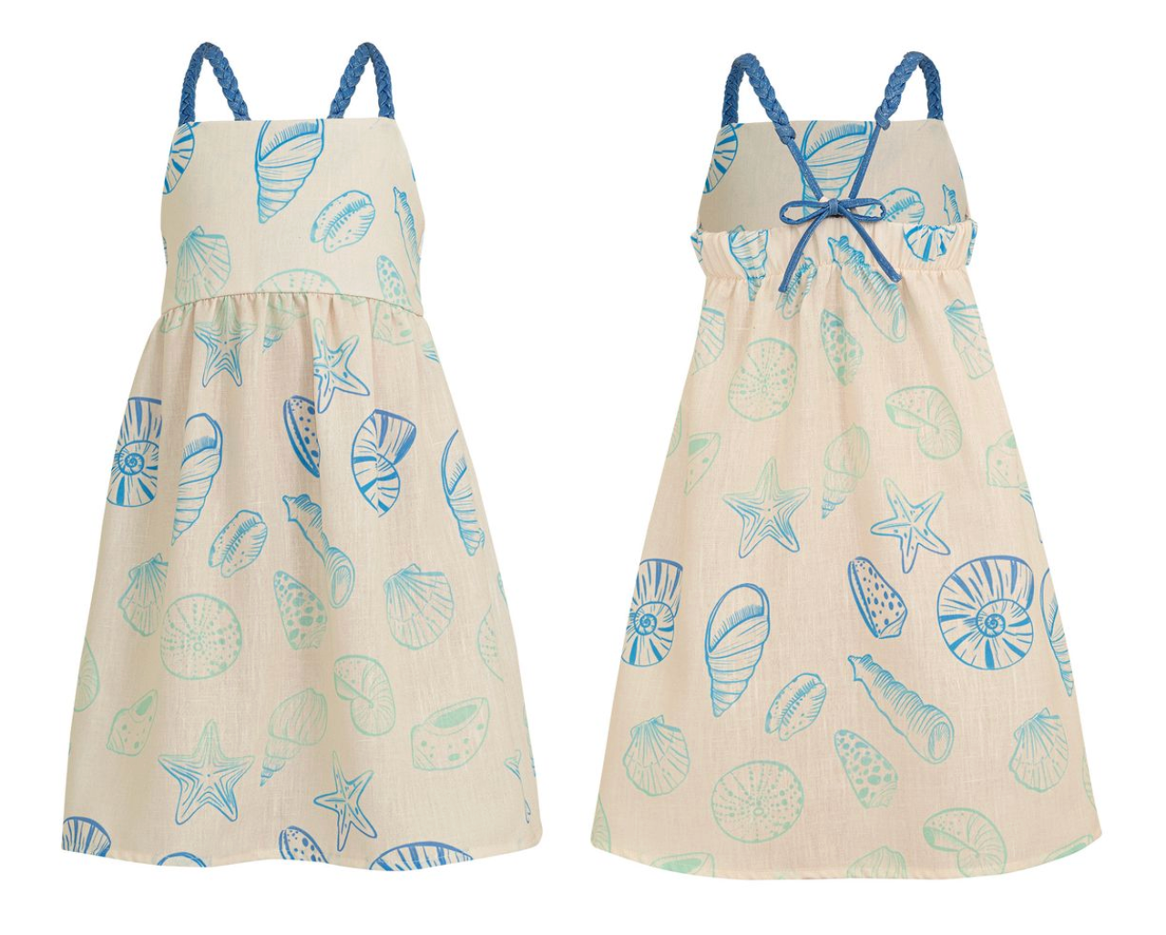 Front and back views of the Pepita & Me Girls' Isleno Dress, a cream summer dress with blue braided straps and blue seashell and starfish prints for a comfortable fit.