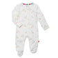 The Baby White Serene Safari Footie by Magnetic Me is made from soft TENCEL™ modal, featuring a colorful animal print with giraffes and trees, rainbow stripes at the neckline, and SewSafe™ magnetic closures for easy dressing.