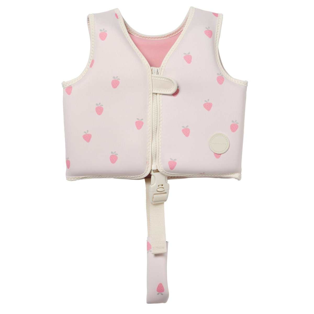 The Sunnylife Kids' Swim Vest in light pink features small strawberry prints, a front zipper, velcro strap, and an anti-rise safety strap that fastens between the legs for a secure fit. It is designed with a neoprene comfort guard to keep your child comfortable while swimming.