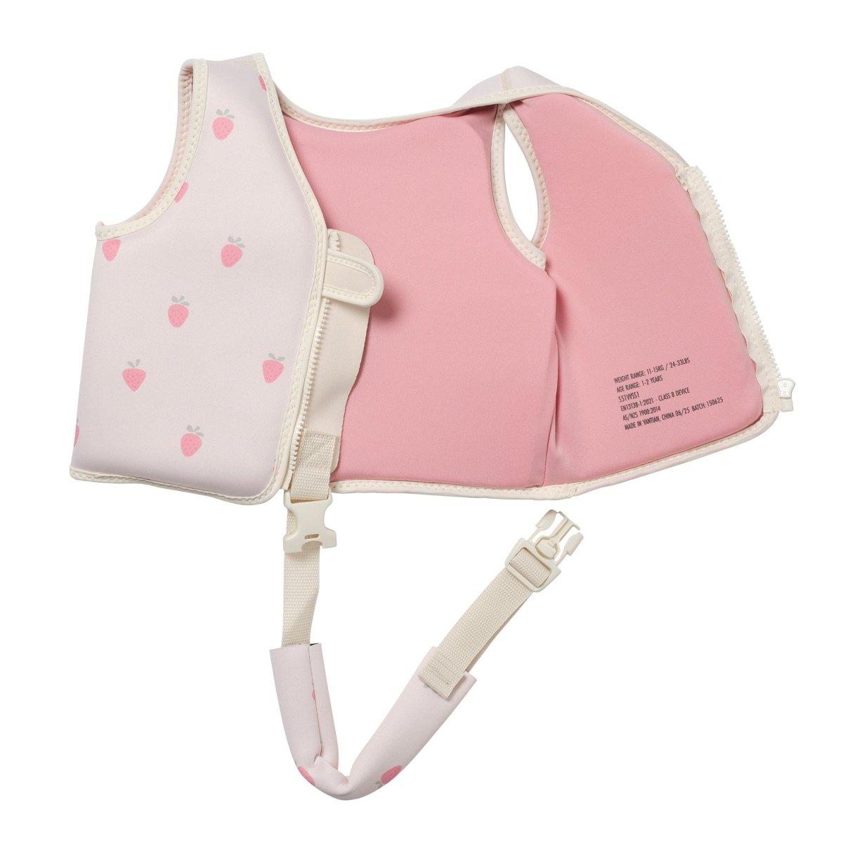 Sunnylife Kids' Swim Vest in pink and white, adorned with a charming strawberry pattern, features a neoprene comfort guard for added softness, an adjustable strap, and an anti-rise safety strap with a secure safety buckle. The vest is displayed on a white background.