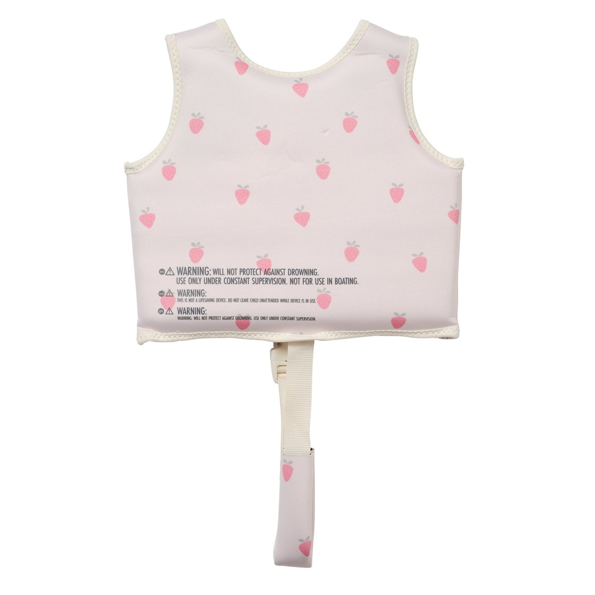 Sunnylife Kids' Swim Vest in pink and white, adorned with strawberry prints and shown from the back, features a neoprene comfort guard for extra coziness and an anti-rise safety strap with a warning label near the bottom.