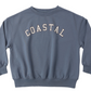 The Rylee & Cru Baby Boys' and Boys' Relaxed Sweatshirt features a blue crewneck, "COASTAL" in bold white letters across the chest, and is crafted from soft French terry for comfort.
