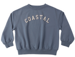 The Rylee & Cru Baby Boys' and Boys' Relaxed Sweatshirt features a blue crewneck, "COASTAL" in bold white letters across the chest, and is crafted from soft French terry for comfort.