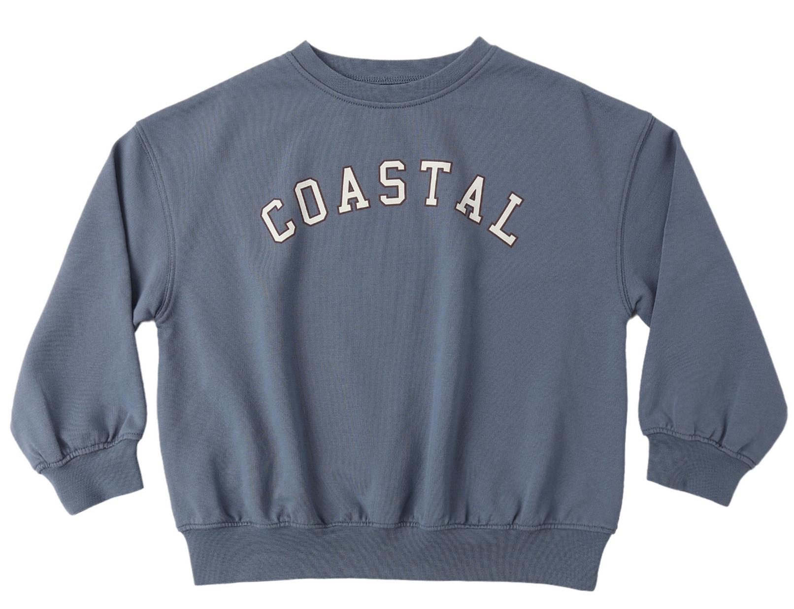 The Rylee & Cru Baby Boys' and Boys' Relaxed Sweatshirt features a blue crewneck, "COASTAL" in bold white letters across the chest, and is crafted from soft French terry for comfort.