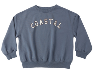 The Rylee & Cru Baby Boys' and Boys' Relaxed Sweatshirt features a blue crewneck, "COASTAL" in bold white letters across the chest, and is crafted from soft French terry for comfort.