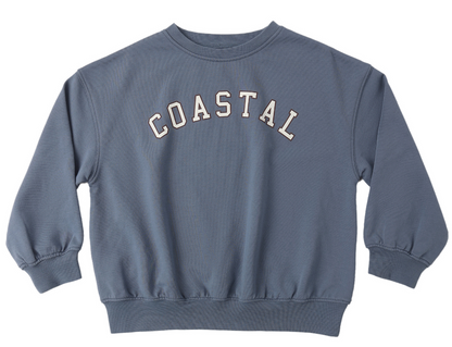 The Rylee & Cru Baby Boys' and Boys' Relaxed Sweatshirt features a blue crewneck, "COASTAL" in bold white letters across the chest, and is crafted from soft French terry for comfort.