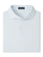 The Peter Millar Soprano Waves Performance Jersey Polo is a light blue, short-sleeve polo with a subtle pattern, two buttons, and four-way stretch for comfort and ease of movement.