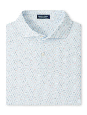 The Peter Millar Soprano Waves Performance Jersey Polo is a light blue, short-sleeve polo with a subtle pattern, two buttons, and four-way stretch for comfort and ease of movement.