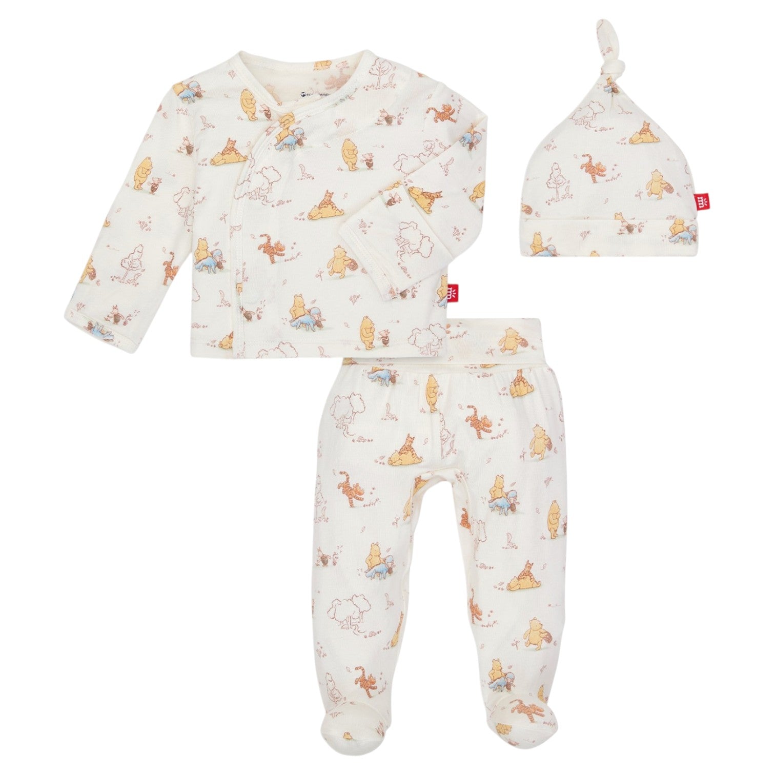 The Magnetic Me Baby Moments With Friends Kimono set includes a long-sleeve kimono top, pants, and hat in soft white with playful animal prints—perfect for bringing your newborn home in comfort and style.