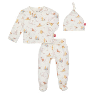 The Magnetic Me Baby Moments With Friends Kimono set includes a long-sleeve kimono top, pants, and hat in soft white with playful animal prints—perfect for bringing your newborn home in comfort and style.