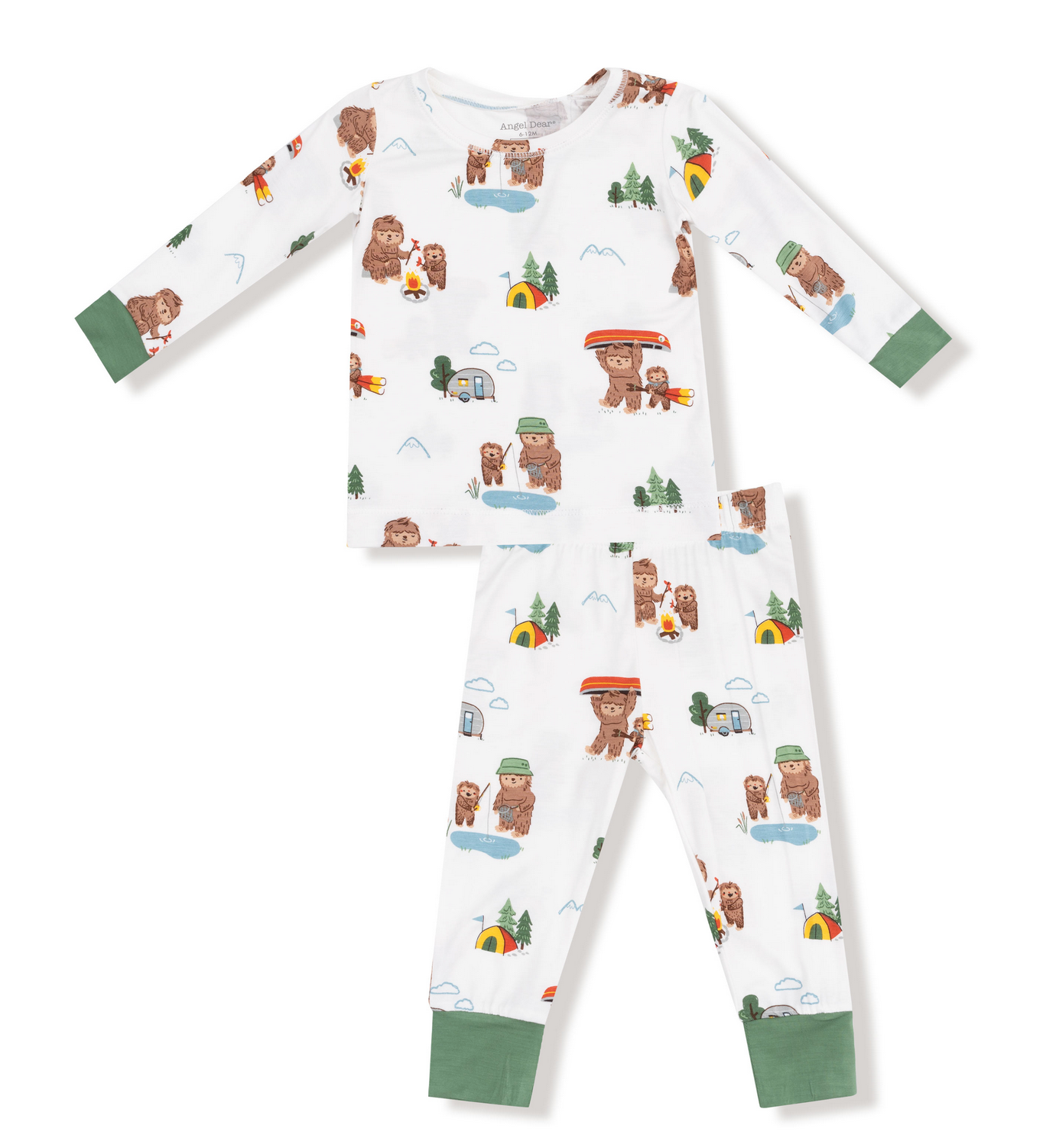 The Angel Dear Baby and Kids' Long Sleeve Loungewear Set features a bear and camping print on a white background, green cuffs, and soft, breathable fabric for cozy comfort.