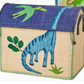 The Rice Raffia Toy Basket is a rectangular storage basket with a blue lid, featuring green dinosaur and pterodactyl embroidery—perfect for dinosaur lovers seeking fun, lidded storage solutions.