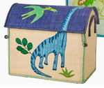 The Rice Raffia Toy Basket is a rectangular storage basket with a blue lid, featuring green dinosaur and pterodactyl embroidery—perfect for dinosaur lovers seeking fun, lidded storage solutions.