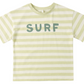 The Rylee & Cru Baby Boys' and Boys' Relaxed Tee features pale yellow and white stripes, "SURF" in green across the chest, and is made from soft cotton jersey for comfort.