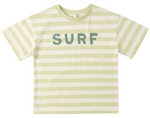 The Rylee & Cru Baby Boys' and Boys' Relaxed Tee features pale yellow and white stripes, "SURF" in green across the chest, and is made from soft cotton jersey for comfort.