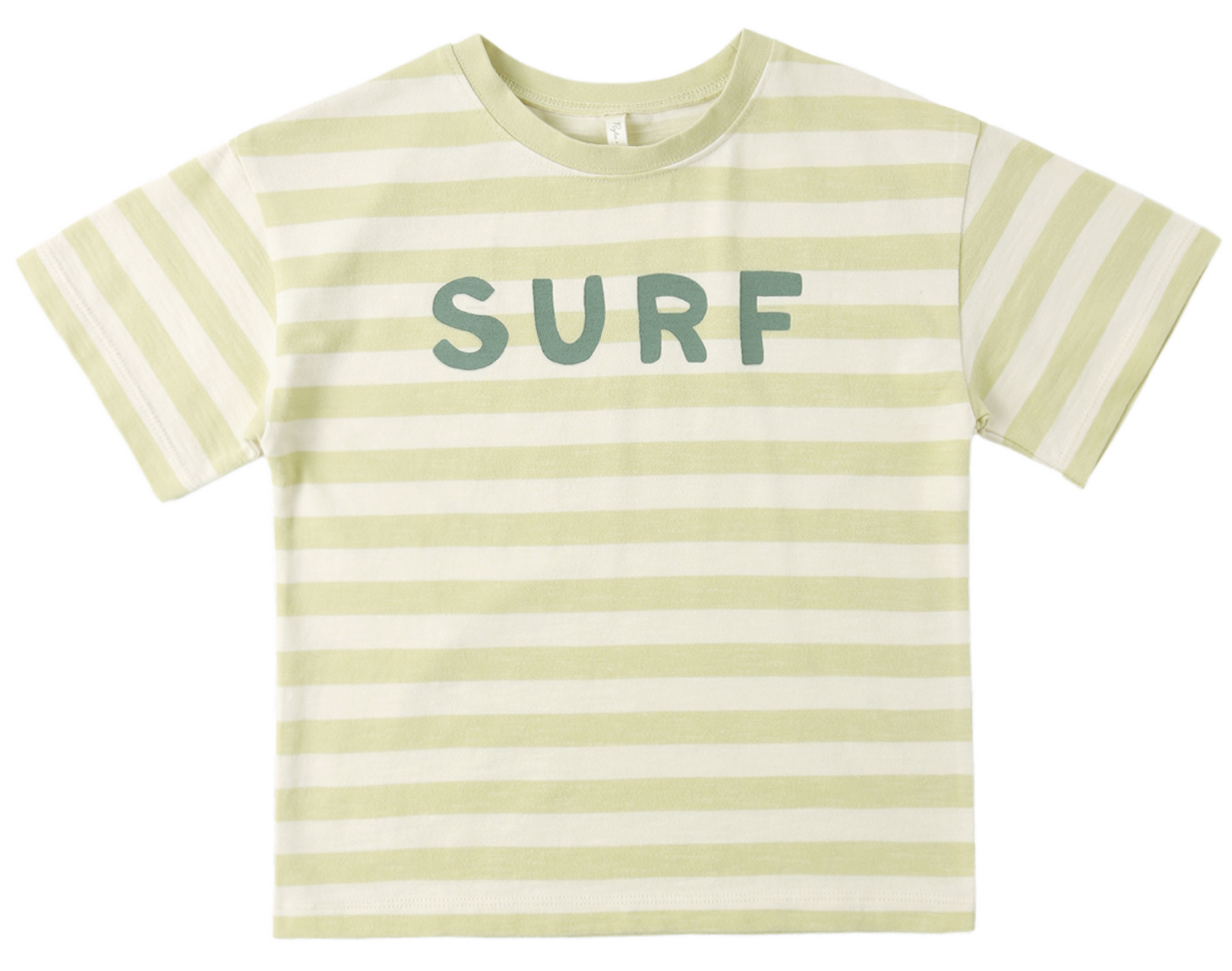 The Rylee & Cru Baby Boys' and Boys' Relaxed Tee features pale yellow and white stripes, "SURF" in green across the chest, and is made from soft cotton jersey for comfort.