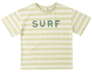 The Rylee & Cru Baby Boys' and Boys' Relaxed Tee features pale yellow and white stripes, "SURF" in green across the chest, and is made from soft cotton jersey for comfort.