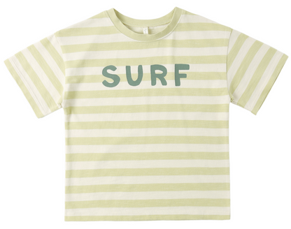 The Rylee & Cru Baby Boys' and Boys' Relaxed Tee features pale yellow and white stripes, "SURF" in green across the chest, and is made from soft cotton jersey for comfort.