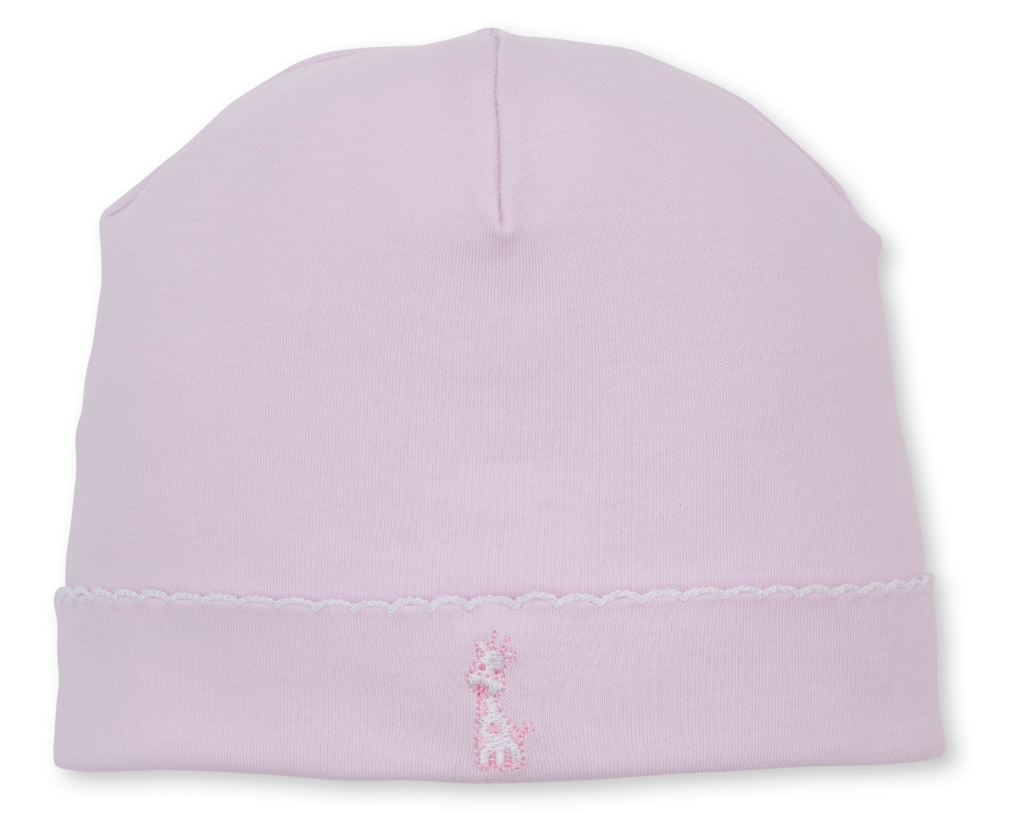 The Kissy Kissy Baby Giraffe Laughs Hat is crafted from soft Pima cotton in a light pink hue, featuring a small embroidered giraffe and delicate scalloped edge detail near the brim.