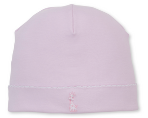 The Kissy Kissy Baby Giraffe Laughs Hat is crafted from soft Pima cotton in a light pink hue, featuring a small embroidered giraffe and delicate scalloped edge detail near the brim.