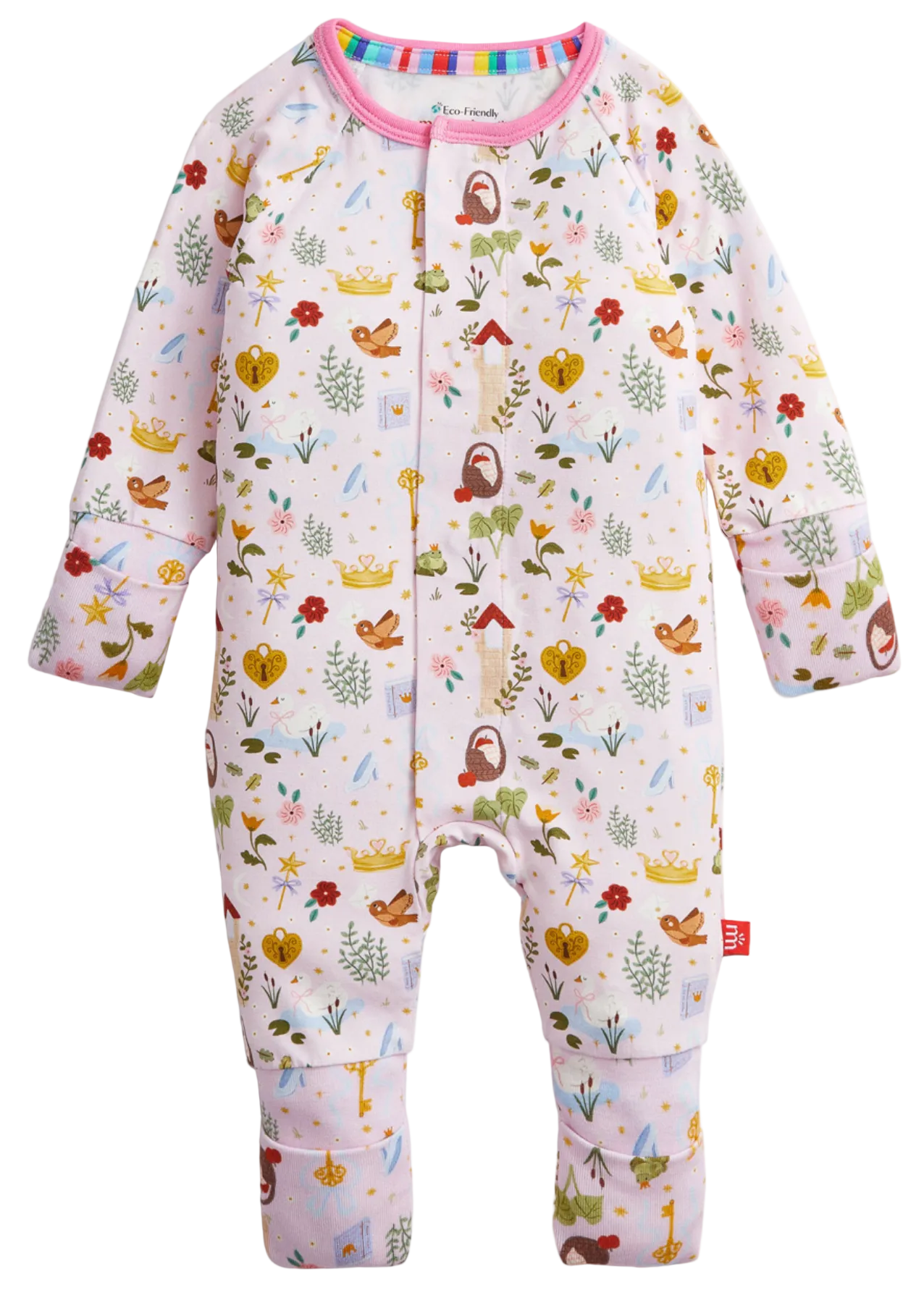 Dress your little one in the Baby Girls’ Fairytale Era Coverall by Magnetic Me—a sustainable PJ crafted from soft modal fabric, featuring long sleeves and legs. This adorable pink coverall showcases colorful woodland and fairytale-inspired motifs such as birds, crowns, flowers, trees, and teapots on a white background.