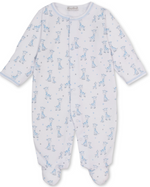 The Kissy Kissy Baby Just Giraffes Printed Footie is a white, ultra-soft Peruvian cotton onesie with long sleeves, featuring an all-over print of light blue giraffes and small stars.