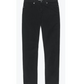 The Frame L’Homme Slim Denim jeans are black, mid-rise, and straight-leg, made from sustainable brushed twill with button-zip closure plus front and back pockets. Displayed on a plain white background.