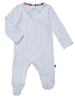 The Baby Love Lines Pointelle Footie by Magnetic Me is a light blue, organic cotton onesie with long sleeves, a round collar, and footies. It features subtle vertical stripes and a colorful neckline trim—ideal as a baby wardrobe staple.