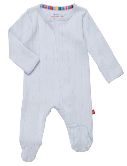 The Baby Love Lines Pointelle Footie by Magnetic Me is a light blue, organic cotton onesie with long sleeves, a round collar, and footies. It features subtle vertical stripes and a colorful neckline trim—ideal as a baby wardrobe staple.