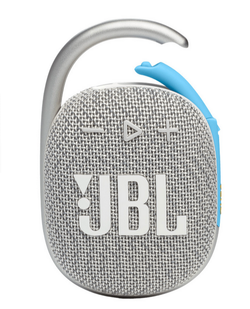 The JBL Clip 4 Waterproof Bluetooth Speaker is compact and portable, featuring a silver fabric front, integrated hook for easy transport, visible playback control buttons, and waterproof design, perfect for any adventure.