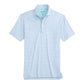 The Johnnie-O Michael Polo is a light blue short-sleeve shirt with a white stripe pattern, collar, and three-button placket, made from lightweight, moisture-wicking fabric.