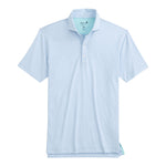The Johnnie-O Michael Polo is a light blue short-sleeve shirt with a white stripe pattern, collar, and three-button placket, made from lightweight, moisture-wicking fabric.