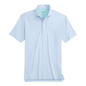 The Johnnie-O Michael Polo is a light blue short-sleeve shirt with a white stripe pattern, collar, and three-button placket, made from lightweight, moisture-wicking fabric.