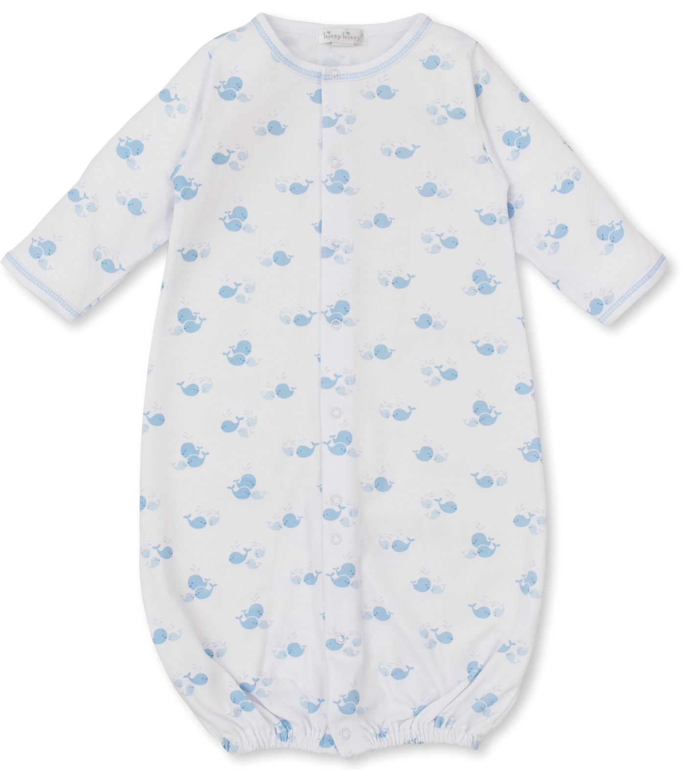 The Kissy Kissy Whale Wonder Printed Convertible Gown is made from soft Pima cotton with long sleeves, front snaps, an elastic bottom, and a cute blue whale print.