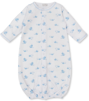 The Kissy Kissy Whale Wonder Printed Convertible Gown is made from soft Pima cotton with long sleeves, front snaps, an elastic bottom, and a cute blue whale print.