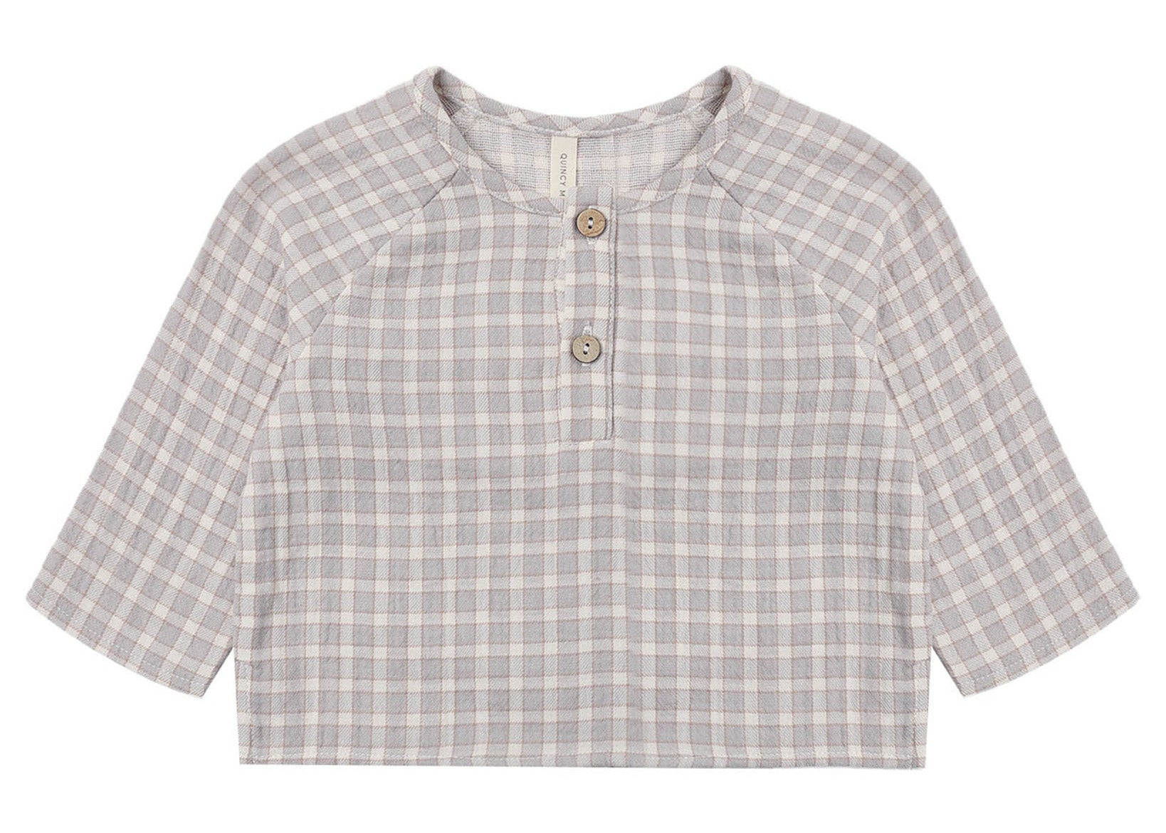The Quincy Mae Baby Boys’ and Boys’ Zion Shirt, a relaxed-fit long-sleeve top in gray and white plaid organic cotton, with two front buttons and a crew neckline, is shown laid flat on a white background.