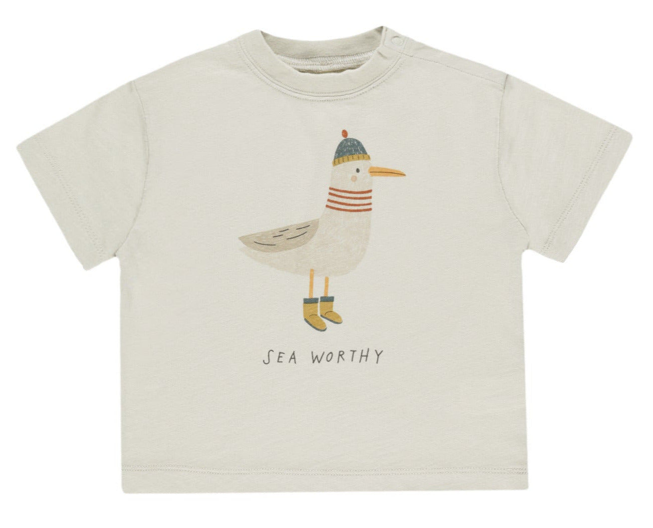 The Rylee & Cru Baby Boys' & Boys' Relaxed Tee is a beige, soft cotton jersey basic featuring a bird in a hat, scarf, and boots with "SEA WORTHY" printed underneath; available in baby sizes.