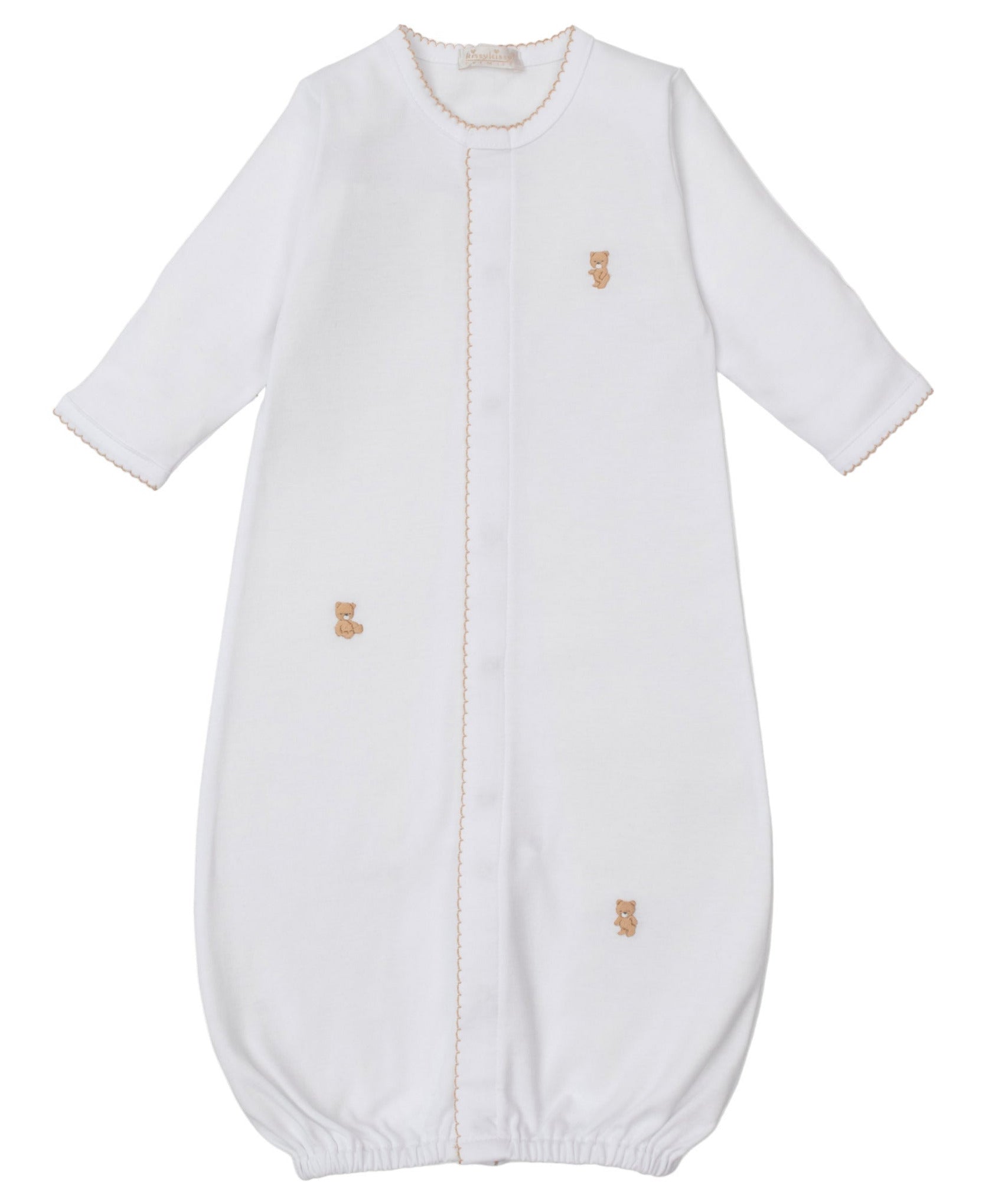 The Kissy Kissy Baby Teddy Bear Time Conv Gown with Hand Emb. is made from soft Peruvian cotton, features long sleeves, beige stitching, and hand-embroidered teddy bear and boot details on the front.