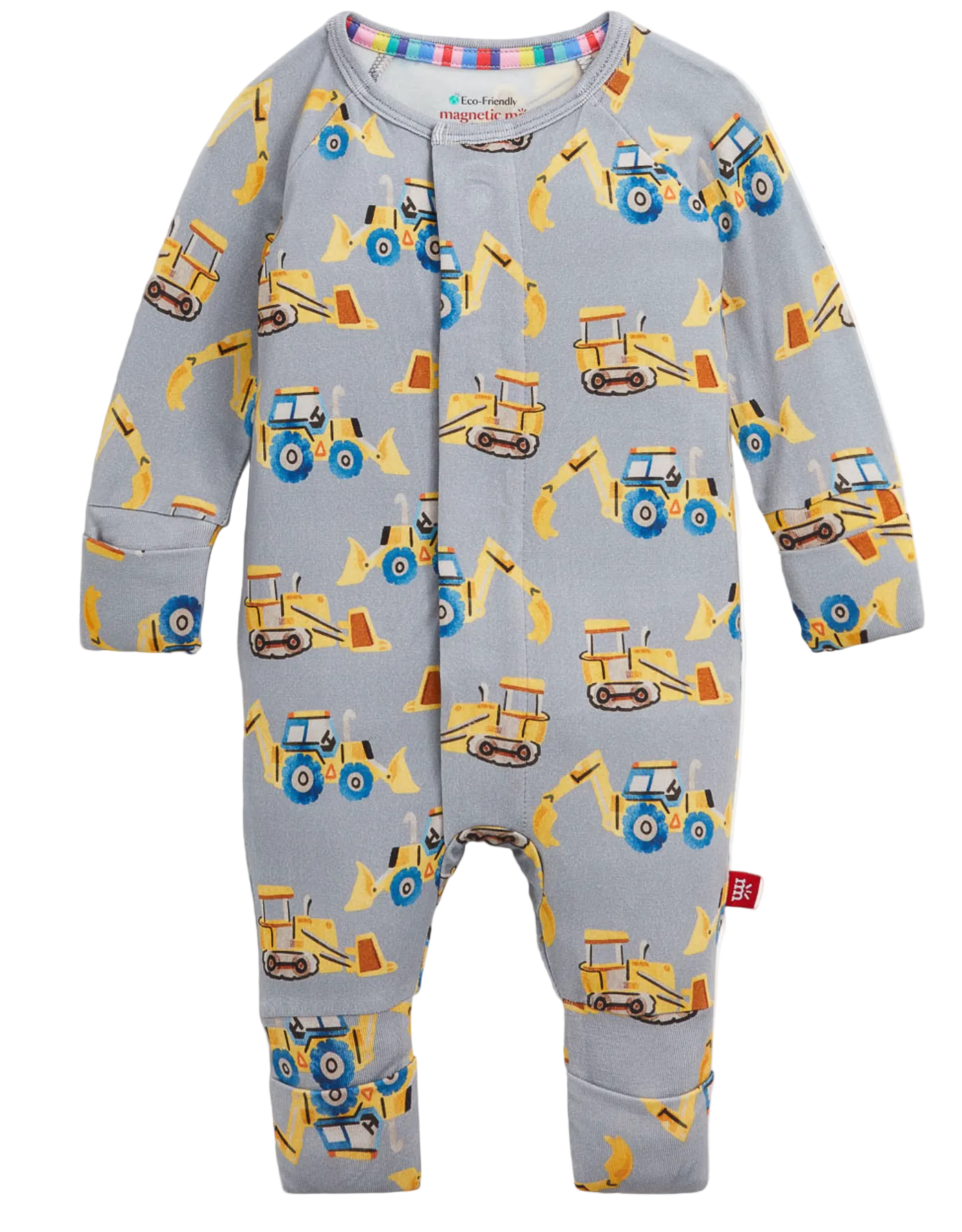 The Magnetic Me Baby Boys’ Doze Off Convertible Coverall features a gray design adorned with yellow construction vehicles like excavators and bulldozers. Made from soft, sustainable modal fabric, this coverall offers convertible styling and convenient front snaps for easy closure.
