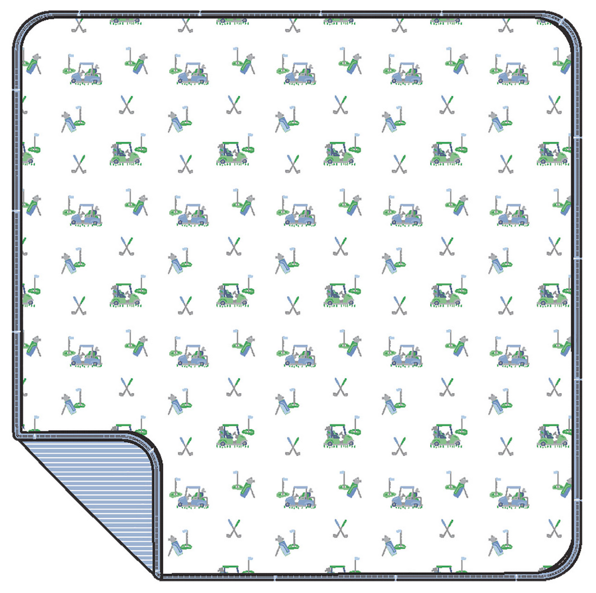 The Angel Dear Baby Golf Carts - Blue Stripe 2 Ply Blanket with Binding features a cozy, soft design with golf carts, golfers swinging clubs, and crossed clubs plus a striped underside—perfect comfort and style for little ones.