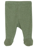 Serendipity Newborn Rib Pants with Feet crafted from green organic cotton, featuring soft fabric, displayed from the back on a plain white background.