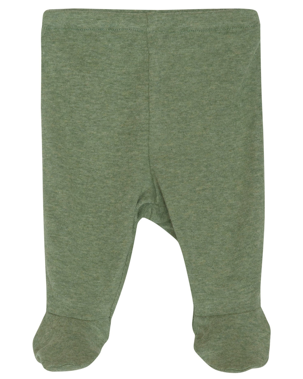 Serendipity Newborn Rib Pants with Feet crafted from green organic cotton, featuring soft fabric, displayed from the back on a plain white background.