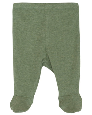 Serendipity Newborn Rib Pants with Feet crafted from green organic cotton, featuring soft fabric, displayed from the back on a plain white background.