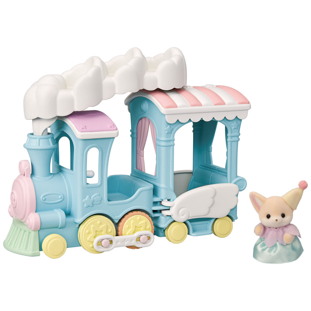 The Calico Critters Floating Cloud Rainbow Train features a blue and pink design with a white cloud roof, whimsical wing decorations, and comes with a small Calico Critters animal figure dressed in a pastel outfit and party hat—perfect for imaginative Amusement Park adventures.