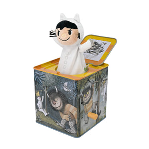 The Kids Preferred Max Jack in the Box is a classic toy featuring a plush Max that pops out of a decorated tin box with vibrant "Where The Wild Things Are" illustrations.