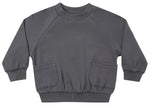 The Quincy Mae Baby Boys’ and Boys’ Pocket Sweatshirt in gray features long sleeves, a crewneck, ribbed cuffs and waistband, and two front pockets, shown laid flat on a white background.